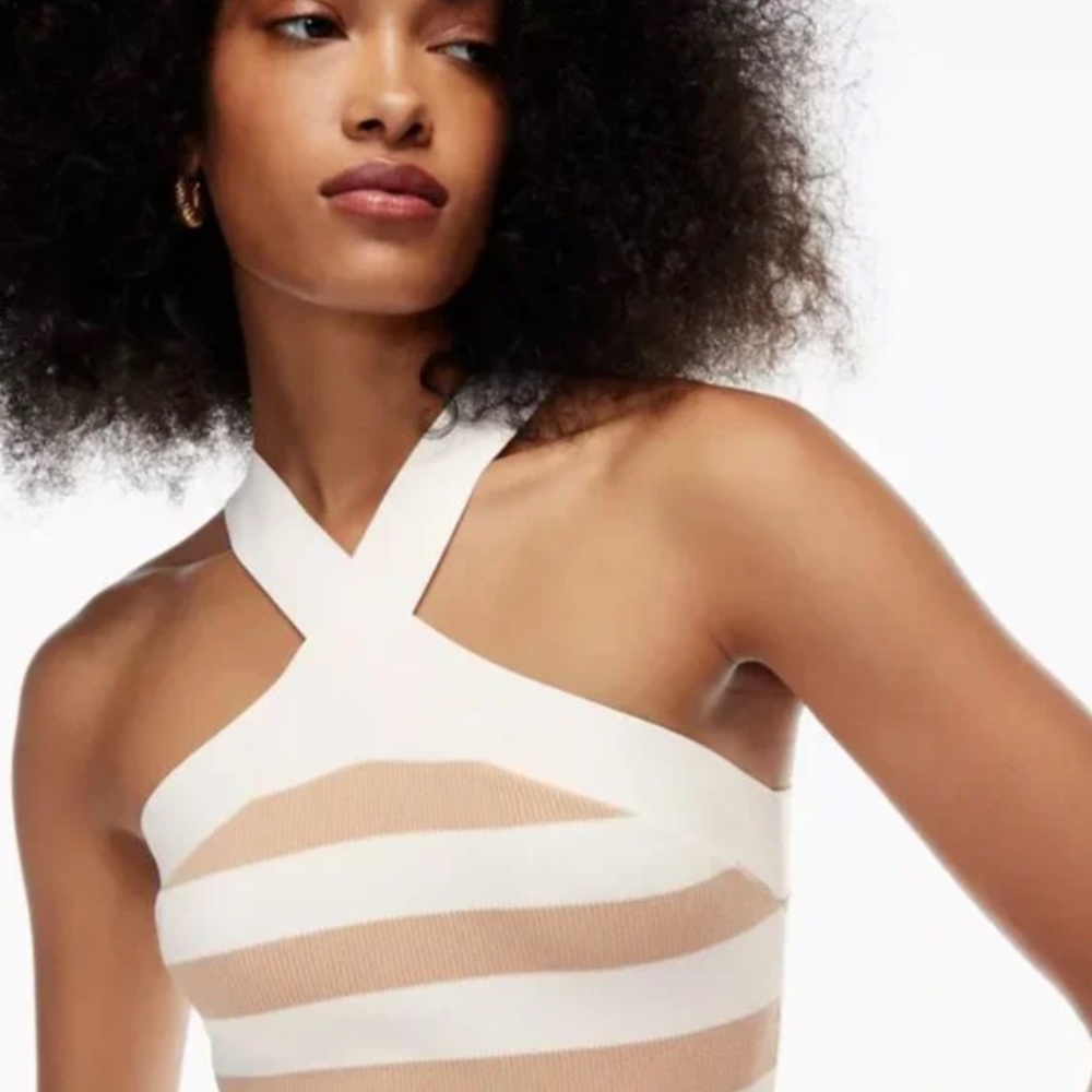 Babaton Sculpt Knit Criss Cross Cropped Tank White Beige Striped